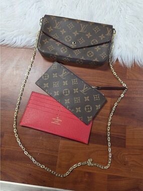 Monogram crossbody with pouch and red card holder